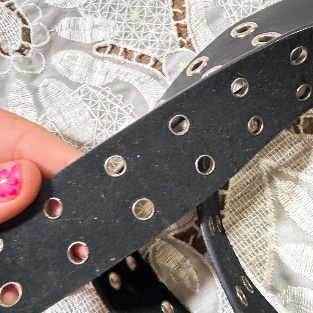 Black Double Grommet Belt Silver Tone Hardware Punk Grunge Y2K Edgy Accessory